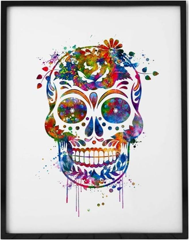 ZEARPT Unique Watercolor Sugar Skull Wall Art Print, Floral Skull Poster, Boho Wall Decor Watercolor Painting 8x10 Inch Unframed - sugar skull poster print