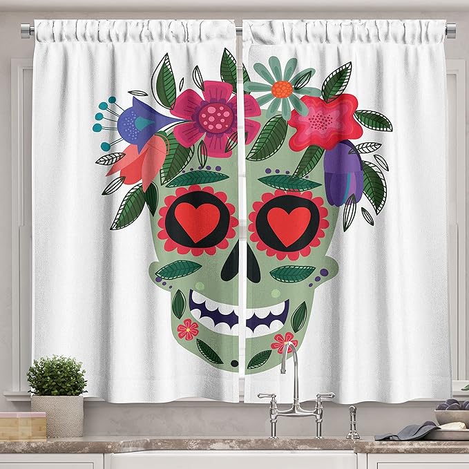 Ambesonne Sugar Skull Kitchen Curtains, Smiling Skull Wearing Floral Wreath Image Mexican Tradition Concept, Window Drapes 2 Panel Set for Kitchen Cafe Decor, 55" x 39", Green Pink - sugar skull wreath for front door