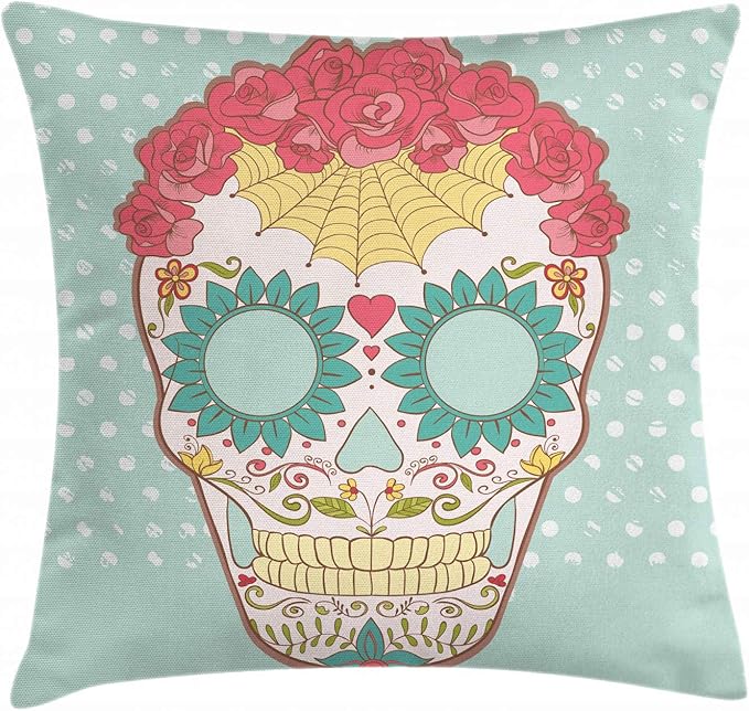 Ambesonne Sugar Skull Throw Pillow Cushion Cover, Image of Lady Skeleton Head Ornamented with Floral Wreath and Cultural Motifs, Decorative Square Accent Pillow Case, 18" X 18", Multicolor - sugar skull wreath for front door