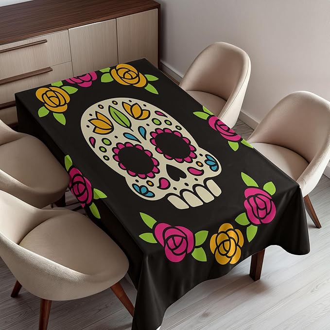 Ambesonne Sugar Skull Tablecloth, Dia de Los Muertos Concept Colorful Graphic Skull with Floral Wreath, Rectangular Table Cover for Dining Room Kitchen Decor, 60" X 90", Multicolor - sugar skull wreath for front door