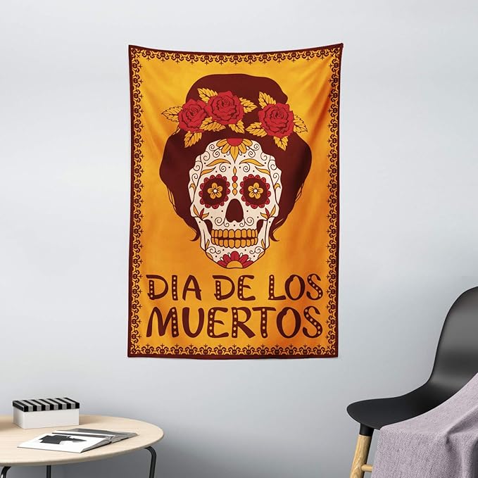 Ambesonne Sugar Skull Tapestry, Mexican Skull Girl with Hair and Flower Wreath Print, Wall Hanging for Bedroom Living Room Dorm Decor, 40" X 60", Brown Marigold - sugar skull wreath for front door