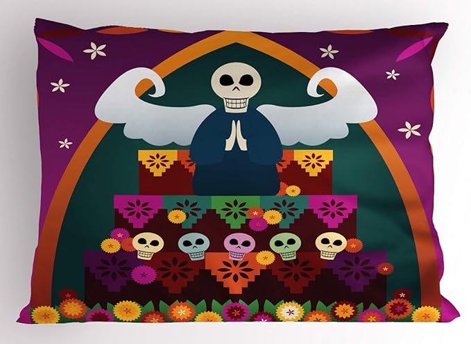Ambesonne Sugar Skull Pillow Sham, Angel with Skull Head on top of Altar to Celebrate Dia de Los Muertos, Decorative Standard Size Printed Pillowcase, 26" X 20", Multicolor - sugar skull throw pillow