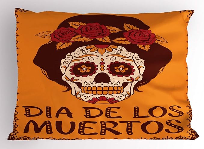 Ambesonne Sugar Skull Pillow Sham, Mexican Skull Girl with Hair and Flower Wreath Print, Decorative Standard King Size Printed Pillowcase, 36" X 20", Brown Marigold - sugar skull wreath for front door