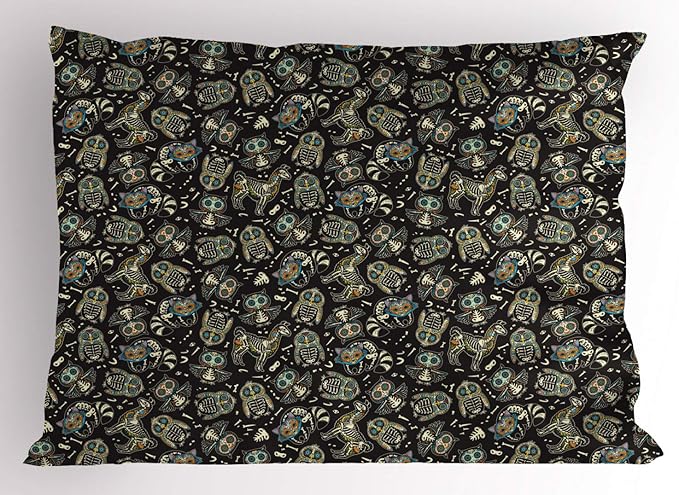 Ambesonne Sugar Skull Pillow Sham, Owl Penguin Llama and Raccoon Calavera and Bones Ornament, Decorative Standard King Size Printed Pillowcase, 36" X 20", Black Ivory Multicolor - sugar skull throw pillow