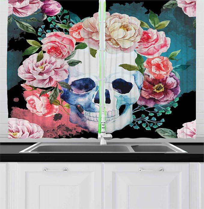 Ambesonne Sugar Skull Kitchen Curtains, Watercolor Style Gothic Skull Image with Tender Peonies as Festival Wreath, Window Drapes 2 Panel Set for Kitchen Cafe Decor, 55" x 39", Multicolor - sugar skull wreath for front door
