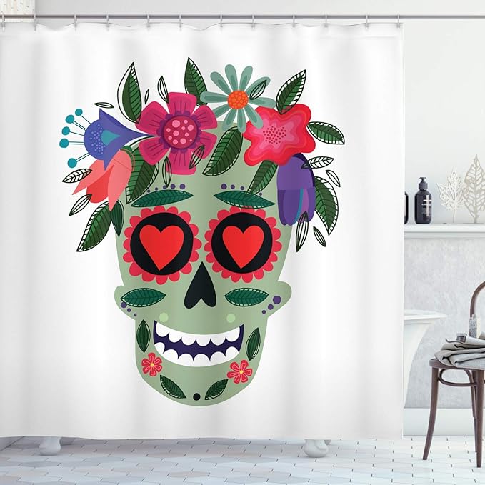 Ambesonne Sugar Skull Shower Curtain, Smiling Skull Figure Wearing Floral Wreath Image Mexican Tradition Concept, Cloth Fabric Bathroom Decor Set with Hooks, 69" W x 75" L, Multicolor - sugar skull wreath for front door
