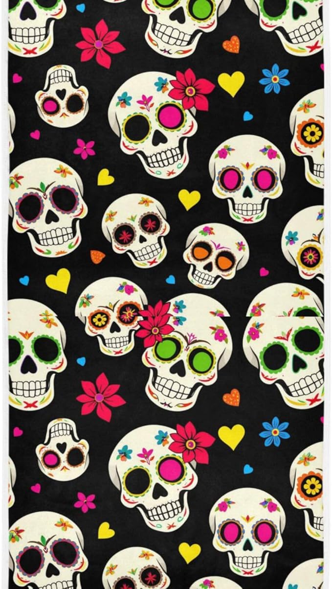 Wamika Day of The Dead Sugar Skull Hand Towels Ultra Soft Towel Heart Flower Absorbent Hand Towel Guest Bath Towels Washcloth Multipurpose for Hand Face Gym Spa 16" x 30" - sugar skull beach towel