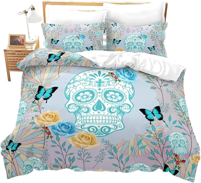 Feelyou Sugar Skull Duvet Cover Set Queen Size Skulls Pattern Bedding Set Bones Butterfly Roses Flowers Print Comforter Cover Set Blue Luxury Micorfiber Polyester Quilt Cover with 2 Pillow Shams - sugar skull throw pillow
