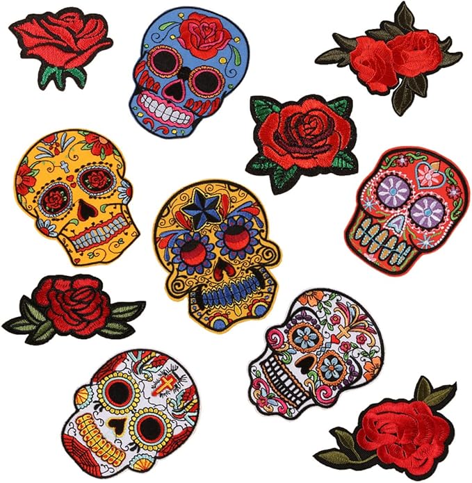 Skull Rose Patches Sugar Skull Embroidery Flowers Sew On Appliques Ghost Head Cloth Chest Sticker with Day of The Dead Badges Logo for Free DIY Decoration Coat, Jackets, Jeans(11 PCS) - sugar skull vinyl sticker