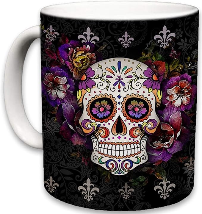 Sweet Gisele Sugar Skull Ceramic Mug, Floral Print Coffee Cup, Day of the Dead Design, Beautiful Vivid Colors, Great Novelty Gifts 11 Fl. Oz Black - sugar skull coffee cup