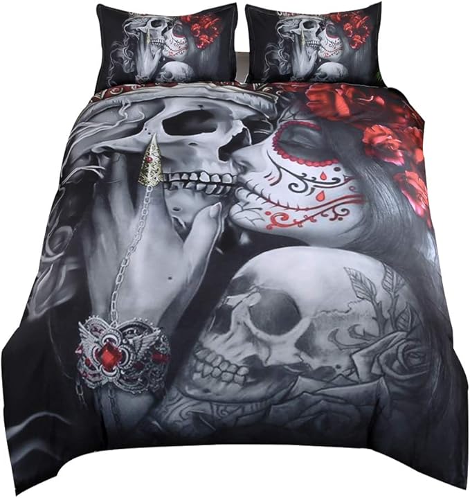 Suncloris, Bedding Duvet Cover Sets, 3D Dead Sugar Skull Girl Kissing Skull Home Bedding Set.Included: Duvet Cover,Pillowcase(no Comforter Inside) (Queen) - sugar skull bedding set