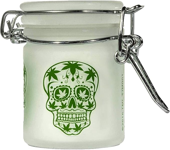 Airtight Glass Herb Mini Stash Jar with Clamping Lid in Choice of Design (Frosted Sugar Skull, Small) - sugar skull wine glass