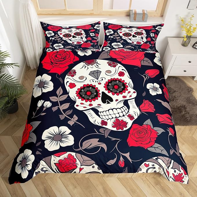 Gothic Skull Duvet Cover Death Skull Floral Comforter Cover Set King Size, Sugar Skull Bedding Set for Boys Girls Adults,Death Skeleton Decor Black Red Rose Bedding,1Duvet Cover 2 Pillow Shams - sugar skull bedding set