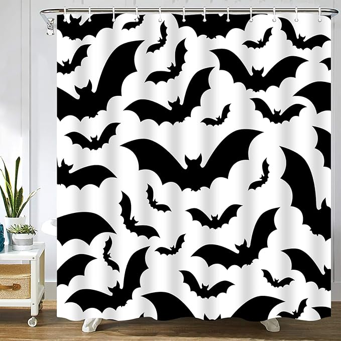 Spooky Halloween Pattern with Bats Black and White All Animal Color Dark Dead Bathroom Decor Shower Curtain Sets with Hooks Polyester Fabric Great Gift - sugar skull shower curtain set