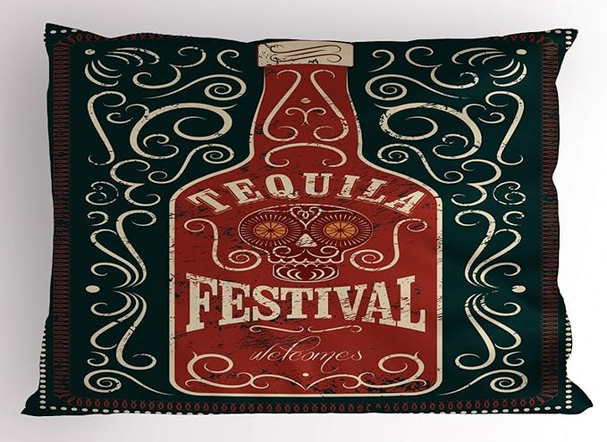 Ambesonne Tequila Pillow Sham, Retro Poster Like Design Swirls and Bottle with Sugar Skull, Decorative Standard Size Printed Pillowcase, 26" X 20", Charcoal Grey Paprika Pale Mustard - sugar skull poster print