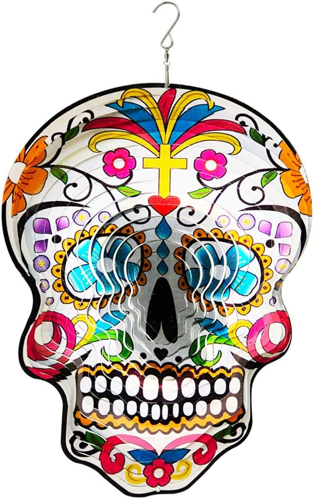 Fonmy Kinetic 3D Metal Garden Wind Spinner Unique Gifts Outdoor Decorations Quality Hanging Ornament for Home and Garden 12inch Mandala Silver Sugar Skull Wind Spinners - sugar skull flower crown