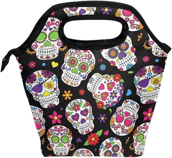 Wamika Lunch Bag Sugar Skull Flowers Rose Daisy Insulated Cooler Thermal Lunch Bag Box for Kids School Children Students Girls Boys Mexican Day Of The Dead Skull Love Heart Lunch Box Handbag Woman Man - sugar skull handbags for sale