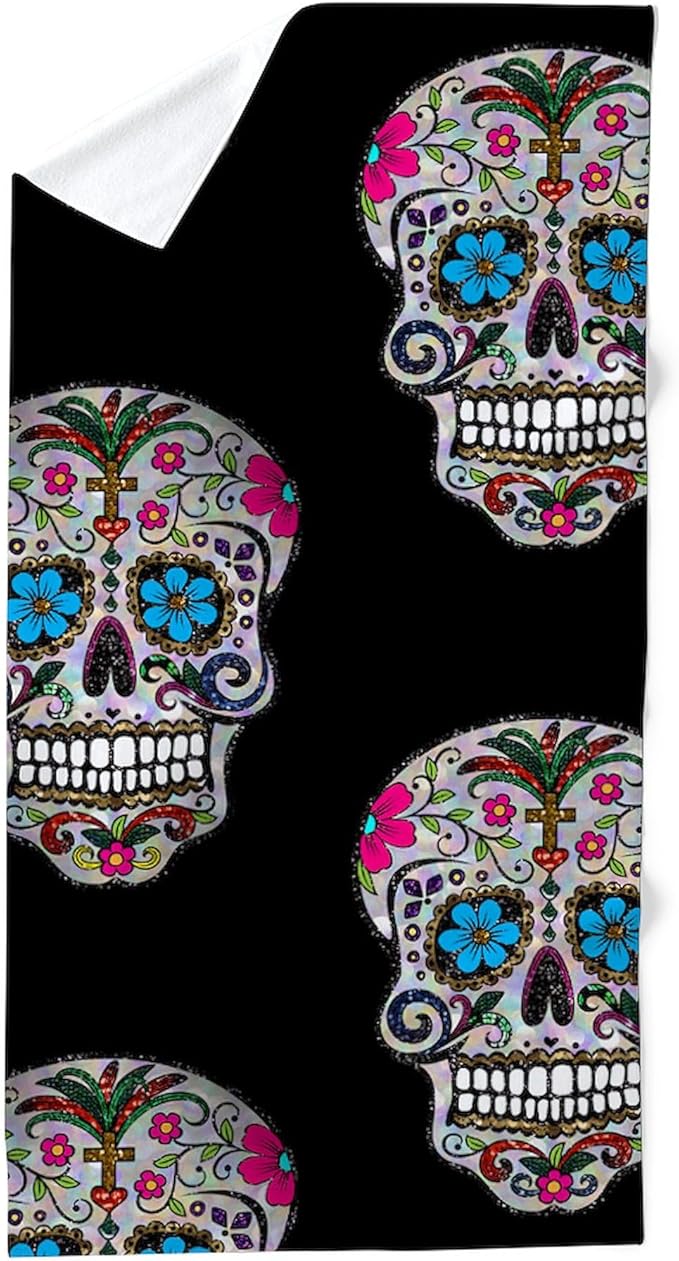 CafePress Sequin Sugar Skulls 30"x60" Absorbent Cotton Back, Soft Beach, Pool Towel - sugar skull beach towel