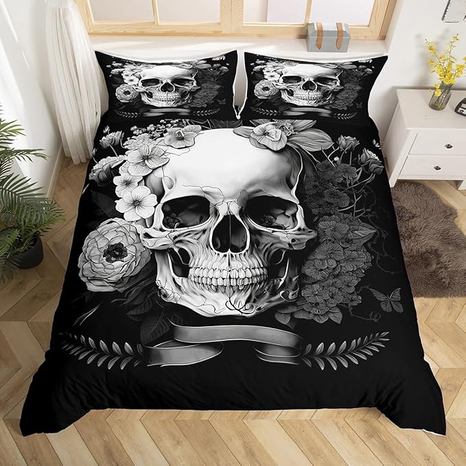 Erosebridal Sugar Skull Bedding Duvet Cover Full 3D Printed Gothic Skull & Floral Soft Retro Comforter Cover for Home Decor - sugar skull bedding set