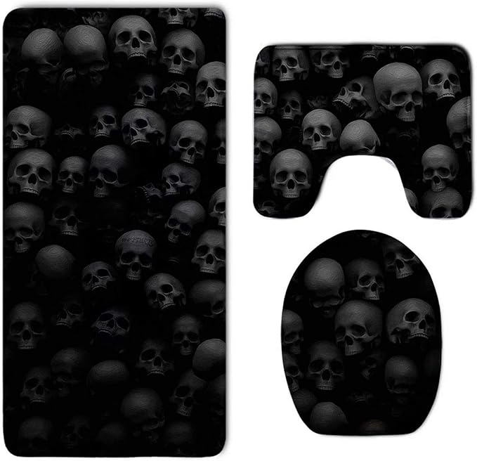 Black Skull Head Bath Mat, Ultra Soft Non Slip and Absorbent Bathroom Rug –Set of 3 Sets Pedestal Mat + Lid Toilet Cover + Bath Mat Doormat - sugar skull toilet mat set