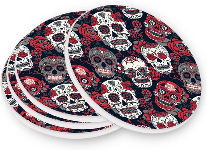 visesunny Sugar Skull Red Rose Print Drink Coaster Moisture Absorbing Stone Coasters with Cork Base for Tabletop Protection Prevent Furniture Damage, 4 Pieces - sugar skull coasters set