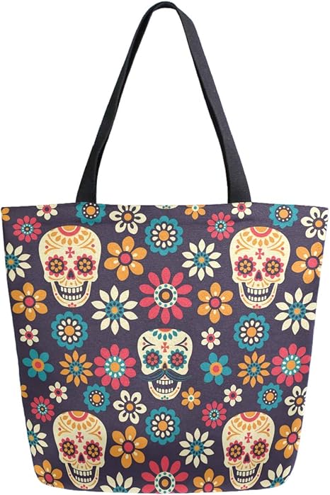 Chic Extra Large Shoulder Grocery Tote Bag, Stylish Floral Sugar Skull Canvas Reusable Handle Bags for Men Women Gym Weekender Picnic Beach Travel Home Storage Market Shopping - canvas sugar skull tote bag