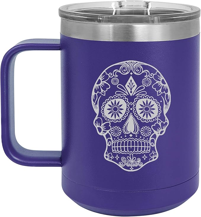 15 oz Tumbler Coffee Mug Travel Cup With Handle & Lid Vacuum Insulated Stainless Steel Sugar Candy Skull (Purple) - sugar skull coffee cup