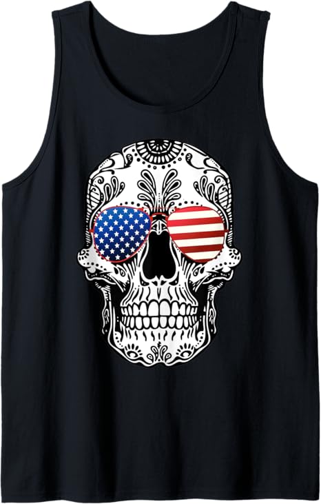 Skull American Flag Glasses Sugar Skull US Stars & Stripes Tank Top - sugar skull wine glass