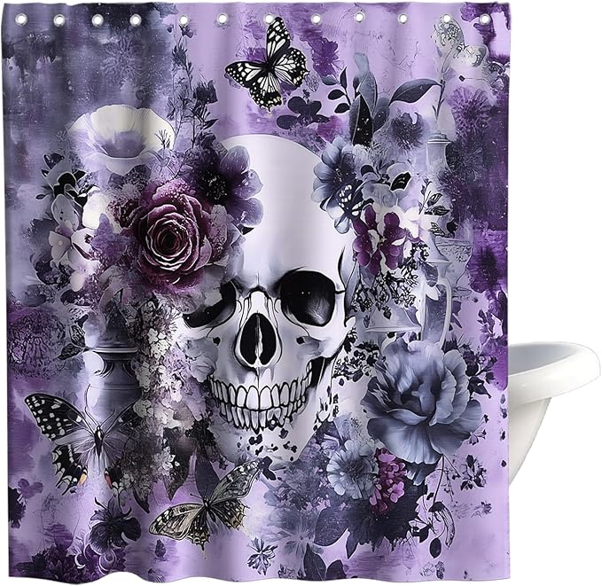 Floral Skull Gothic Halloween Shower Curtain Funny Colorful Funky Western Theme Fabric Bathroom Decor Sets with Hooks Waterproof Washable, Purple 72Wx72H - sugar skull shower curtain set