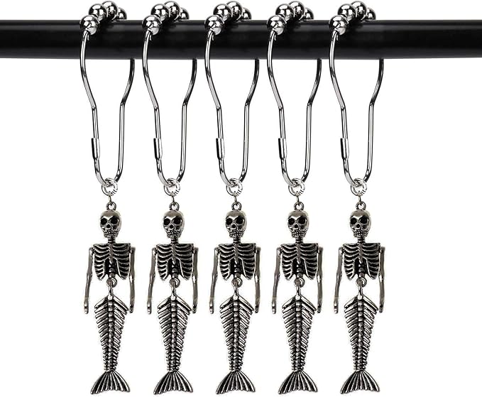 12Pcs Mermaid Skeleton Shower Curtain Hooks Halloween Decorative Home Bathroom Decor Rustproof Skeletons Shower Curtain Rings (Mermaid Skull Silver) - sugar skull shower curtain set