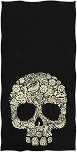 Naanle Chic Floral Skull Pattern Soft Large Hand Towels Multipurpose for Bathroom, Hotel, Gym and Spa (16" x 30",Black) - sugar skull beach towel