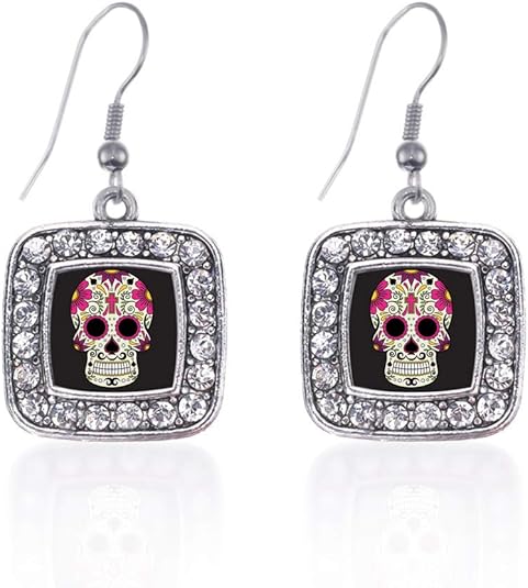 Inspired Silver - Silver Square Charm French Hook Drop Earrings with Cubic Zirconia Jewelry - sugar skull plates set