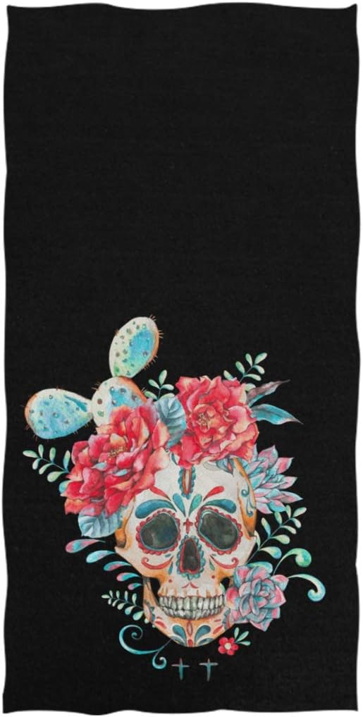 Naanle Boho Sugar Skull with Wildflowers Cactus Soft Absorbent Guest Hand Towels Multipurpose for Bathroom, Hotel, Gym and Spa (16 x 30 Inches,Black) - sugar skull beach towel