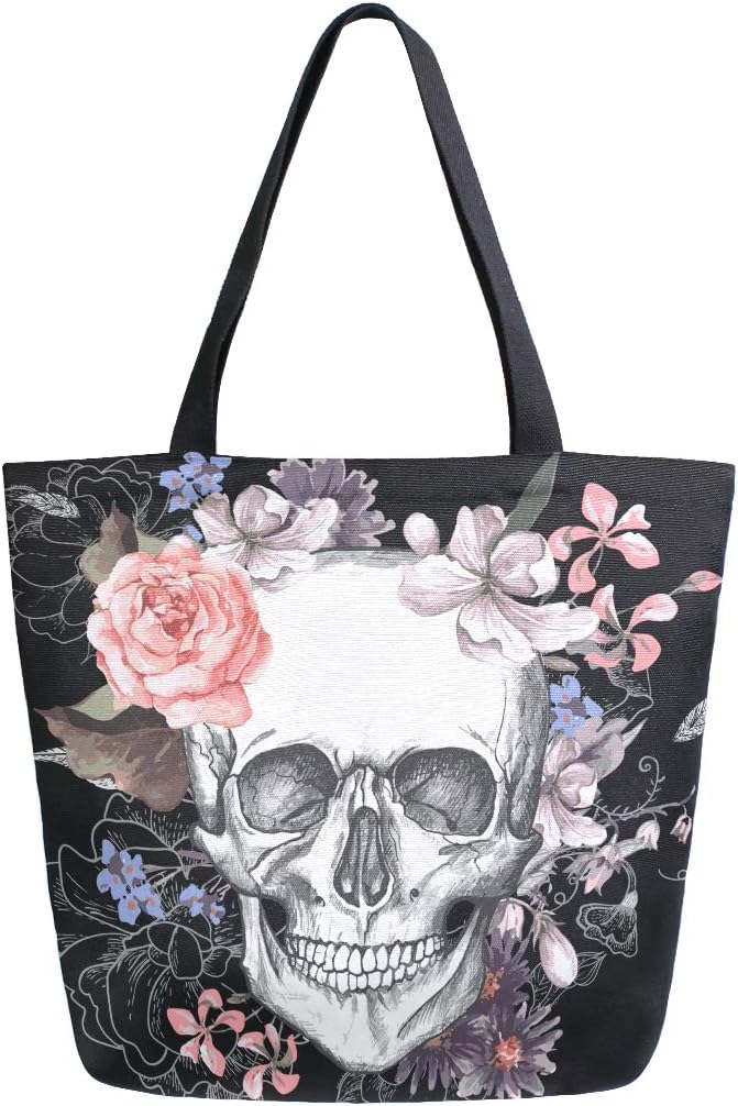 Naanle Day of The Dead Canvas Tote Bag - Large Women's Casual Shoulder Handbag, Floral Skull Reusable Multipurpose Heavy Duty Shopping Grocery Cotton Bag for Outdoors - canvas sugar skull tote bag
