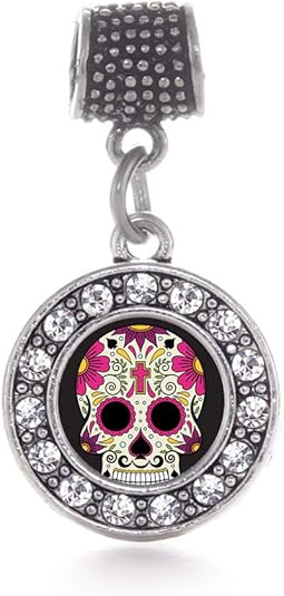 Inspired Silver - Silver Circle Charm for Bracelet with Cubic Zirconia Jewelry - sugar skull plates set