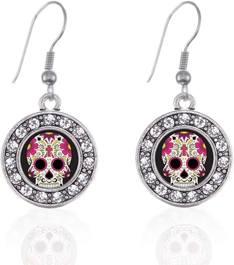 Inspired Silver - Silver Circle Charm French Hook Drop Earrings with Cubic Zirconia Jewelry - sugar skull plates set