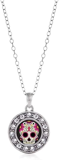 Inspired Silver - Silver Circle Charm 18 Inch Necklace with Cubic Zirconia Jewelry - sugar skull plates set