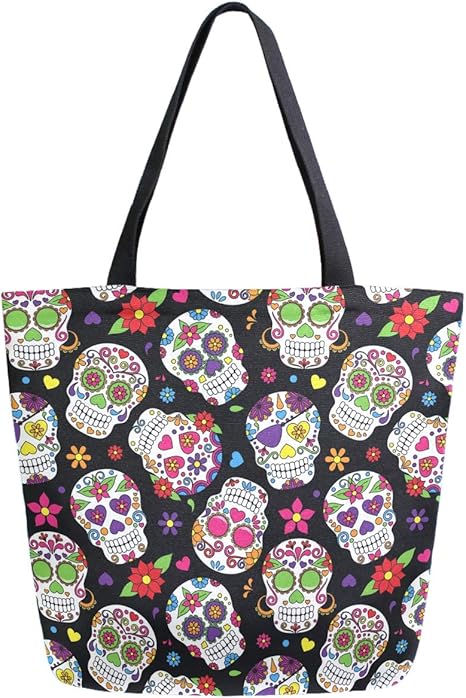 Chic Extra Large Shoulder Grocery Tote Bag, Chic Day of The Dead Sugar Skull Canvas Reusable Handle Bags for Men Women Gym Weekender Picnic Beach Travel Home Storage Market Shopping - sugar skull handbags for sale