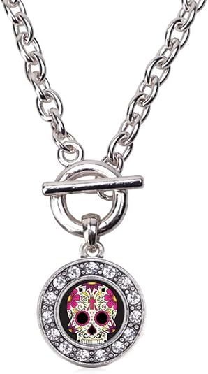 Inspired Silver - Silver Circle Charm 18 Inch Necklace with Cubic Zirconia Jewelry - sugar skull plates set