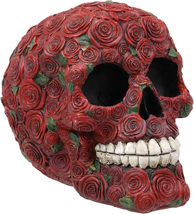 Ebros Valentine's Day of The Dead Red Floral Roses with Green Petals Skull Figurine DOD Rosa Sugar Skulls Statue As Cranium Skeleton Head Halloween Ossuary Macabre Altar Decor Collectible - sugar skull figurine collectible