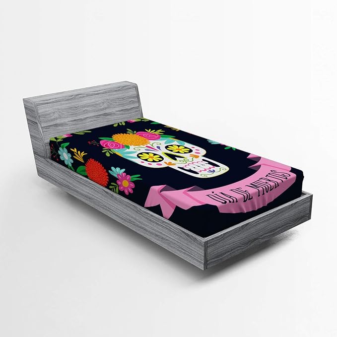 Ambesonne Sugar Skull Fitted Sheet, Day of Deadme Colorful Skull with a Floral Wreath, Bed Cover with All-Round Elastic Deep Pocket for Comfort, Twin XL Size, Navy Blue and Multicolor - sugar skull wreath for front door