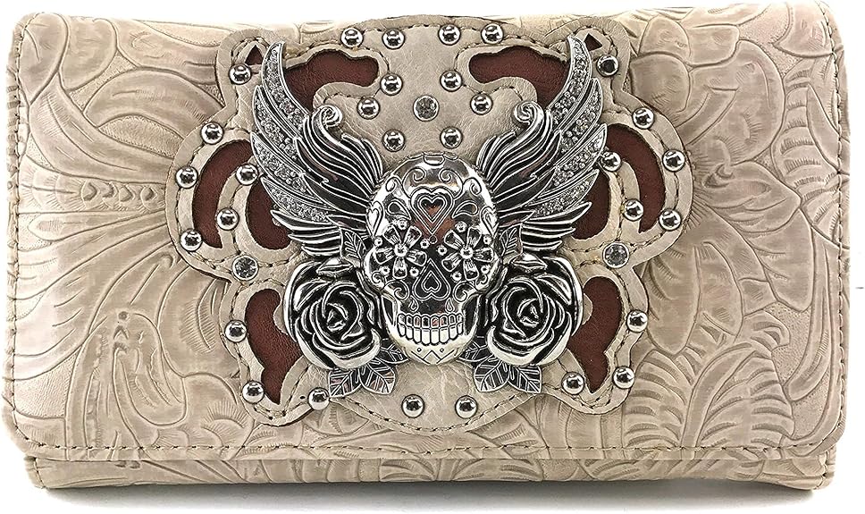 Sugar Skull Roses Angel Wing Women Crossbody Wrist Handle Trifold Wallet - sugar skull wallets for women