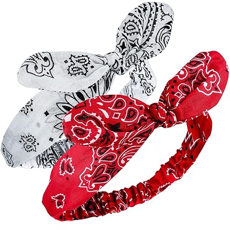 Hicarer 2 Pieces Bandana Headband for Women, Knot Retro Print Bandana Paisley Print Headband Adjustable Headwrap(Red, White) - sugar skull flower crown