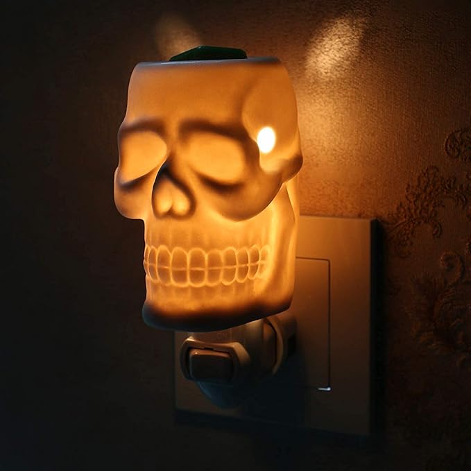 STAR MOON Skull Wax Warmer Plug in for Home Décor, Wax Warmer Night Light, Home Fragrance Diffuser, Bas-Relief Craft, 360 ° Rotatable 3-prongs Plug, No Flame, with One More Bulb, Skull - sugar skull table lamp