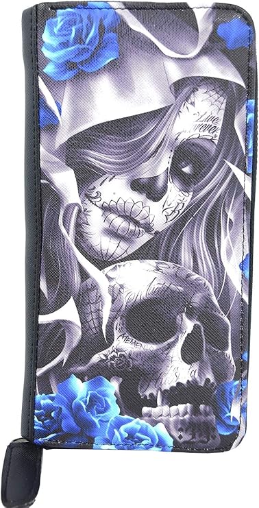 Blue Los Muertos Sugar Skull zip around clutch Wallet - sugar skull handbags for sale