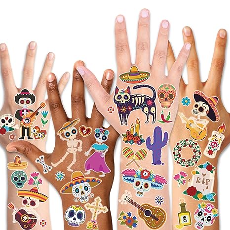 Konsait 125pcs Mexican Day Of The Dead Temporary Tattoos, Halloween Transfers Tattoo for Women Men Adult Kids Cinco de Mayo Celebration Halloween Festival Carnival Party Favor Supplies - sugar skull temporary tattoo