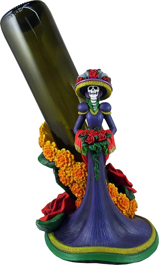 World of Wonders Catrina Figurine Day of The Dead Decorative Wine Bottle Holder | Dia de Los Muertos Decorations | Halloween Bottles Sugar Skulls Decor - 9" - sugar skull figurine collectible