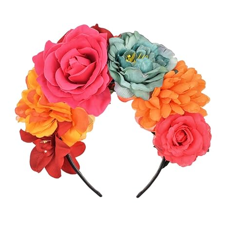 Vividsun Day of The Dead Headband Costume Rose Flower Headband (D/rose Mixed color) - sugar skull flower crown