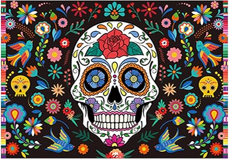 Allenjoy 7x5ft Day of The Dead Backdrop for Mexican Fiesta Sugar Skull Flowers Photography Background Dia DE Los Muertos Birthday Party Supplies Fiesta Banner Table Decor Decoration Photo Booth Studio - sugar skull poster print