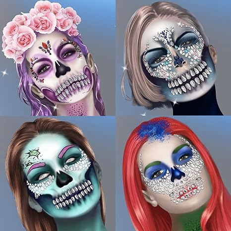 Day of the Death Face Jewels Crystals Face Gems Stick on Halloween Makeup Costume,4-Pack - sugar skull temporary tattoo